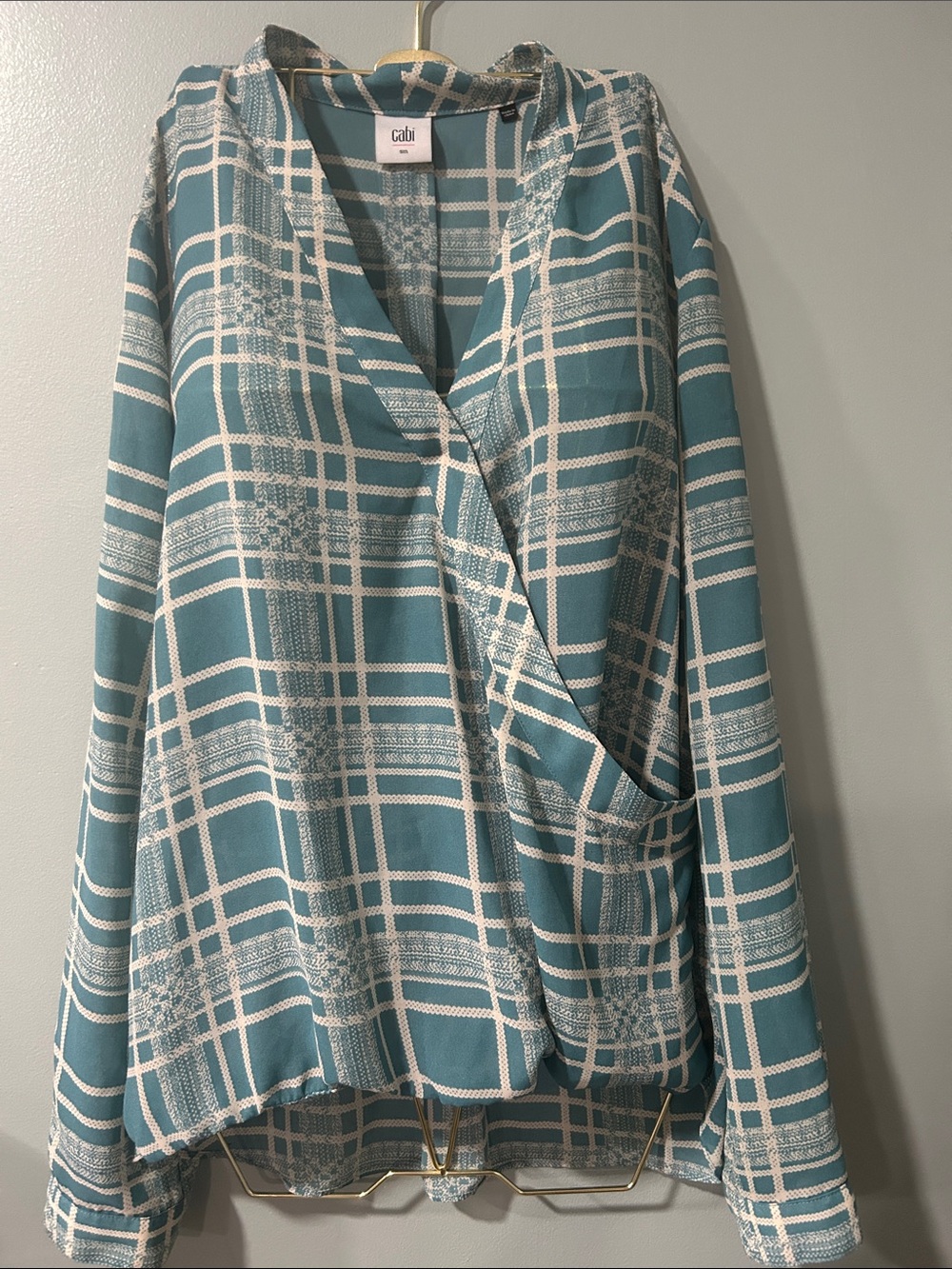 CAbi Teal and White Plaid Wrap-Style Tunic